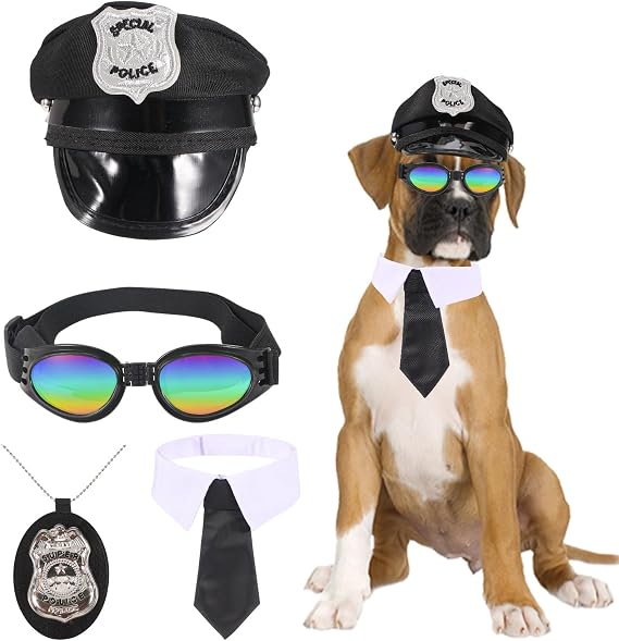 QKURT Dog Police Costume, Pet Police Hat Necktie Sunglasses Badge Pet Dress Up Kit for Halloween Christmas Cosplay Funny Role Play Party