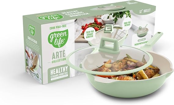GreenLife Nonstick 12 (5QT) All in One Deep Skillet Wok with Lid, PFAS-Free Non-Toxic Ceramic Multi-Purpose Pan, Induction, All Stovetop, Egg, Stir Fry, Saute, Stay Cool Handle, Sage Green