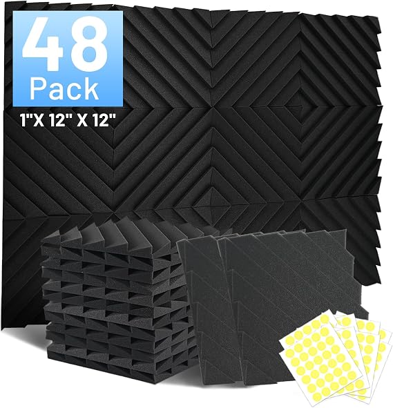 48 Pack Sound Proofing Panels, 1" X 12" X 12"Acoustic Wall Panels, Soundproofing Acoustic Foam Panles, Sound Proof Panels, Sound Absorbing Panels for Studio, Home, Office, with Double Sided Tape