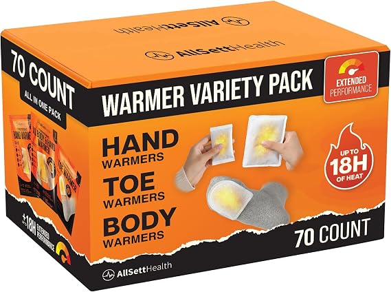 Hand Warmers Variety Set - 70 Count Ultimate Value Pack 10 XL Body Warmers, 10 Pairs Hand Warmers, 20 Pairs Toe Warmers with Adhesive Air Activated Heat Packs for Cold Weather and Outdoors
