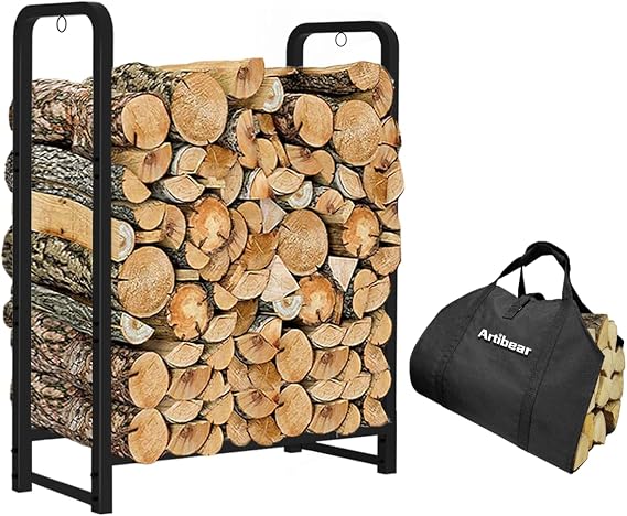 2FT Firewood Rack with Log Carrier, Indoor Outdoor Fireplace Metal Wood Pile Storage for Fire Wood