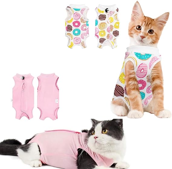 2PCS Cat Recovery Suit for Abdominal Wounds or Skin Diseases, Pink & Donut Cat Onesie for Cats After Surgery Female Kitten Recovery Suit, Breathable E-Collar Alternative for Cats After Spay Anti