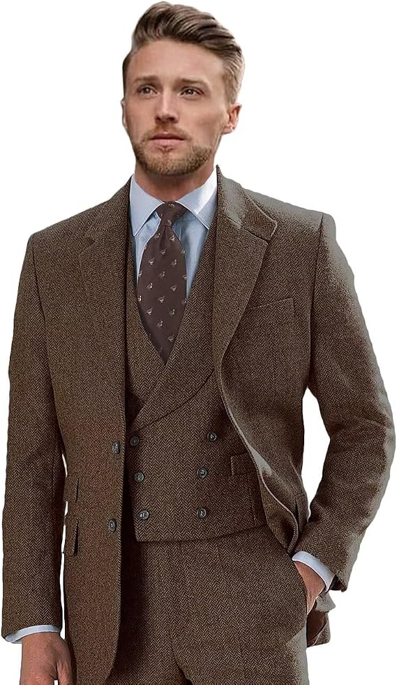 Retro Tweed Suits for Men 3 Piece Mens Herringbone Peaky Blinders Costume Mens Double Breasted Tuxedo Slim Fit