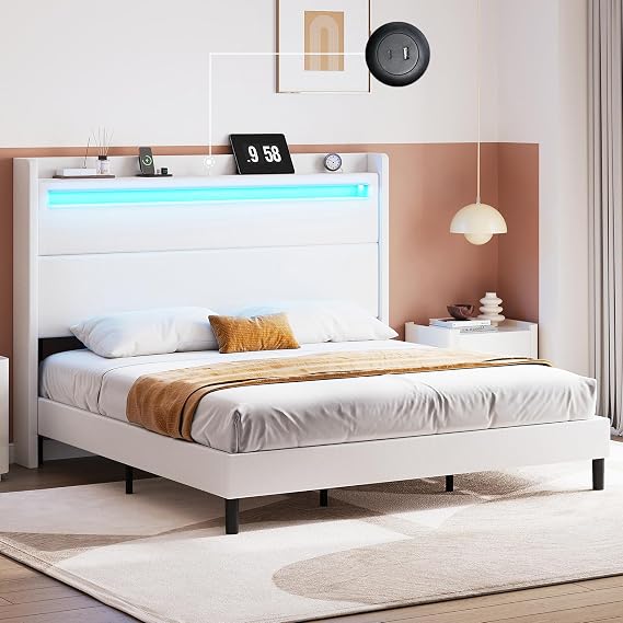 LUXOAK King Size Bed Frame with RGBW LED Light & Charging Station, 50" High Linen Upholstered Platform Bed with 2-Tier Storage Headboard, No Box Spring Needed, White