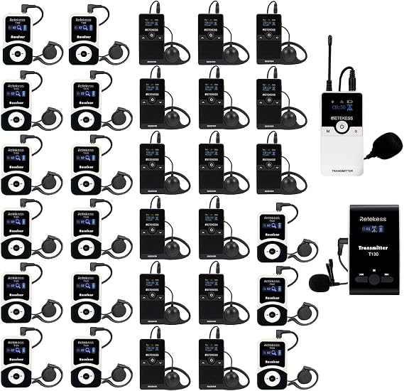 Retekess T130 Tour Guide System, Wireless Tour Guide Headsets, Easy to Set Up TT116 Wireless Tour Guide System, 200m/656ft, for Church, Factory(2 Transmitter 30 Receivers)