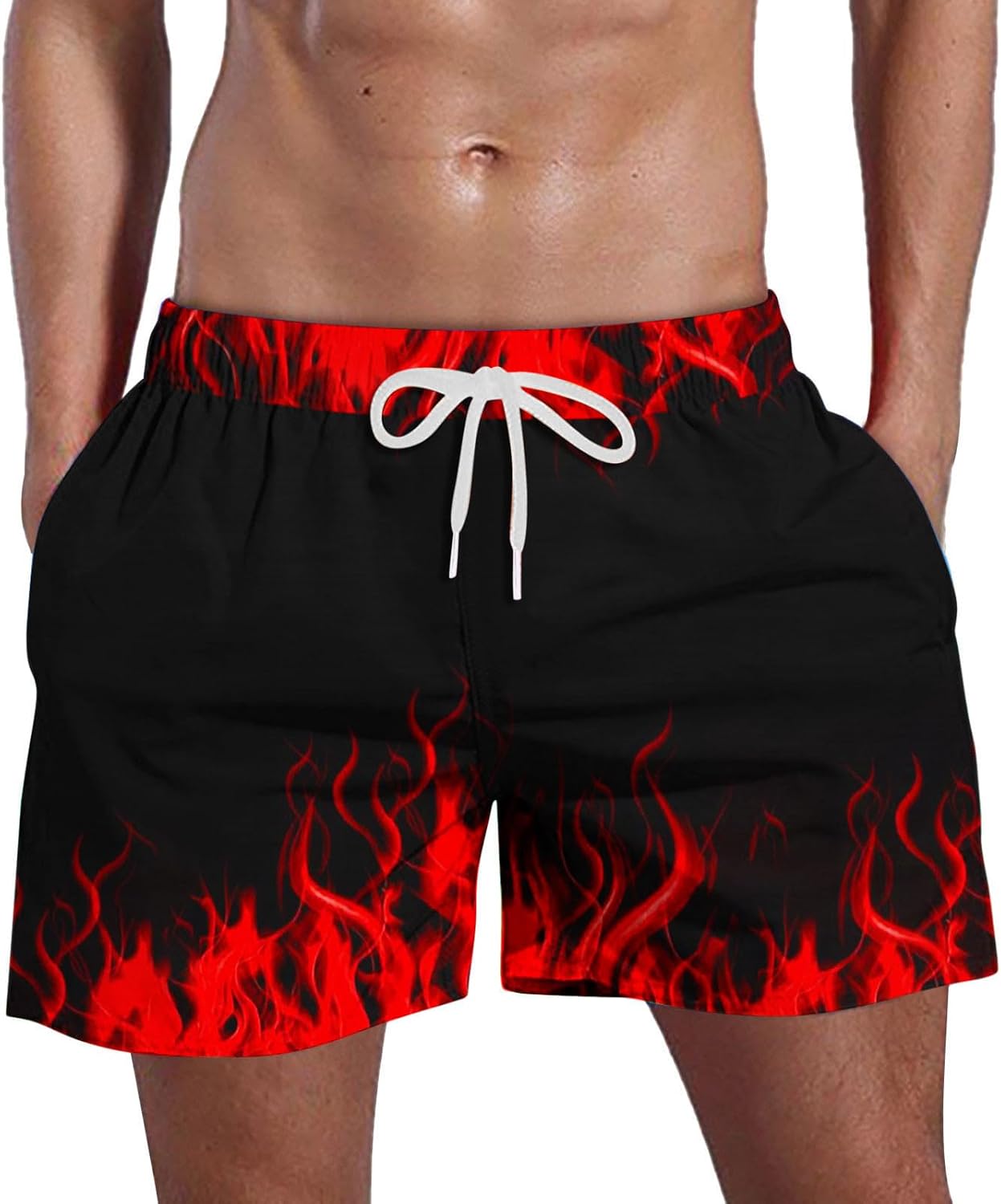 Men's Fashion Flame Printing Swimming Shorts Summer Beach Casual Shorts Lightweight Regular Fit