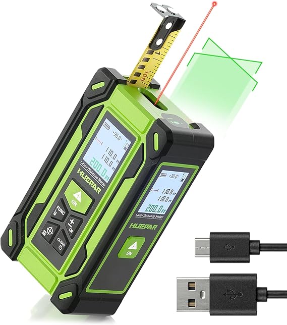 Digital Laser Tape Measure 4-in-1, HUEPAR 1/16" Laser Measure with Dual HD Display, 200Ft Rechargeable Laser Measurement&33Ft Green Cross Line Laser&10Ft Tape, for Area/Volume/Pythagorean/Leveling