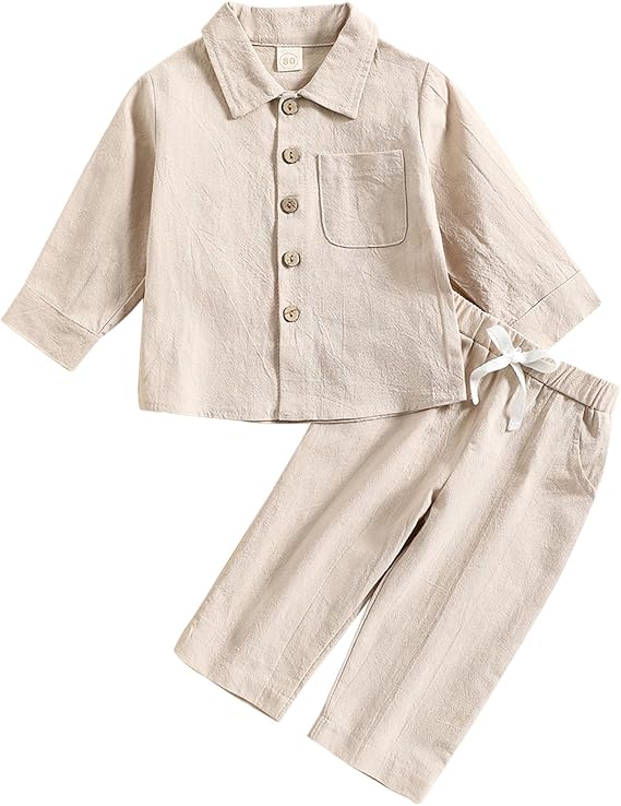 ACESTAR Toddler Baby Boys 2 Pieces Cotton Linen Set Long Sleeve Button Down Shirt Casual Pants Sets Spring Fall Outfits