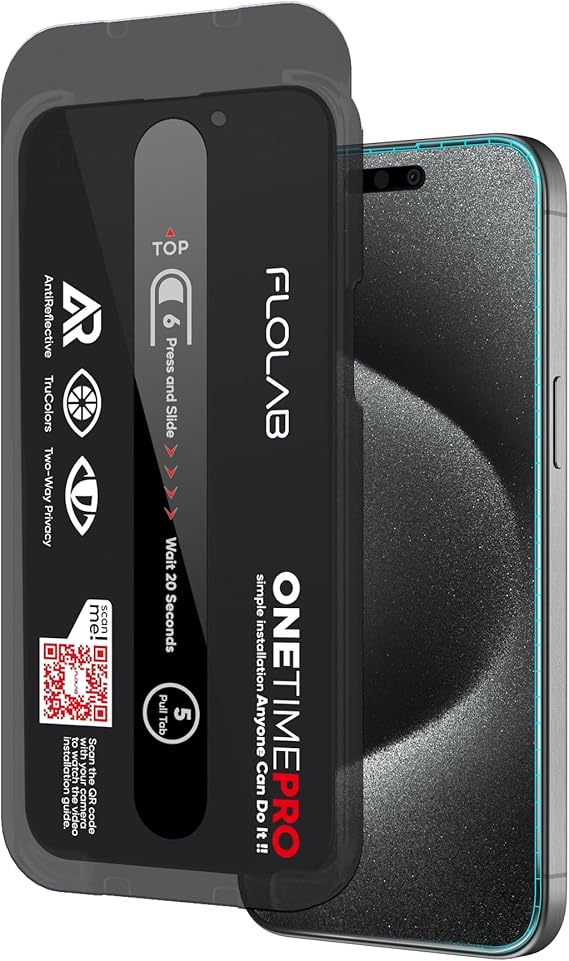 FLOLAB NanoArmour ONETIME PRO for iPhone 15 Privacy Screen Protector, Anti-Reflective, 3D Edge-to-Edge, Anti-Spy Tempered Glass, Reinforced Edges, Durable, Smooth, Easy Install, Dust-Free