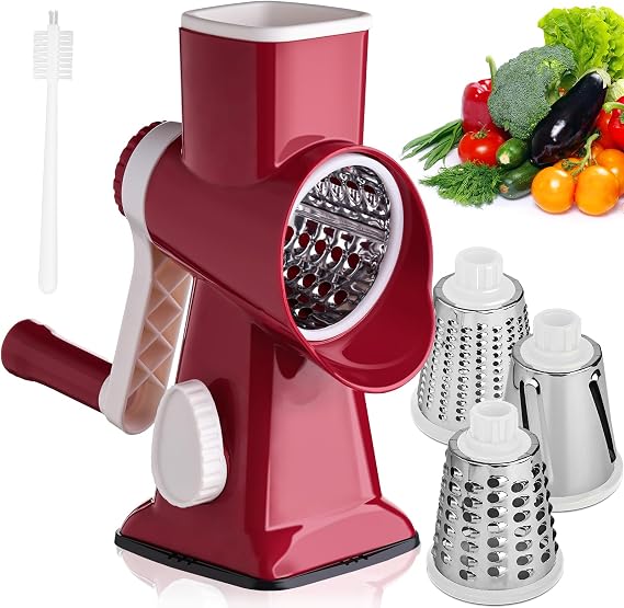 HANSGO Rotary Cheese Grater, Hand Crank Cheese Shredder, 3 Metal Blades & Cleaning Brush, Non-slip Suction Base, Labor-Saving Handle, Kitchen Gadgets for Vegetable, Nuts, Gifts for Women