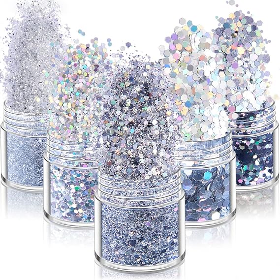 5 Boxes Holographic Nail Glitters Silver Nail Glitter Sequins Nail Art Supplies Powders 3D Laser Acrylic Nails Powder Dust Sequins for Nail Art Decoration Sparkles Glitters Manicure Arts Makeup Crafts