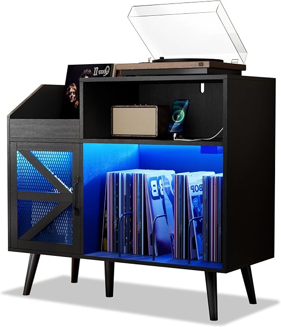 MULEJYBO Large Black Record Player Stand with Magnetic Door,350 Vinyl Record Storage Cabinet, Record Player Table with Power Outlet & LED Light,Turntable Stand with Wood Legs for Living Room,Office