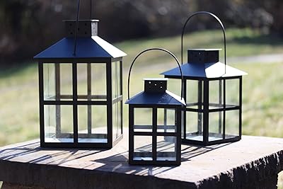 Decorative Square Carriage Style Candle Lanterns, Set of 3 Black