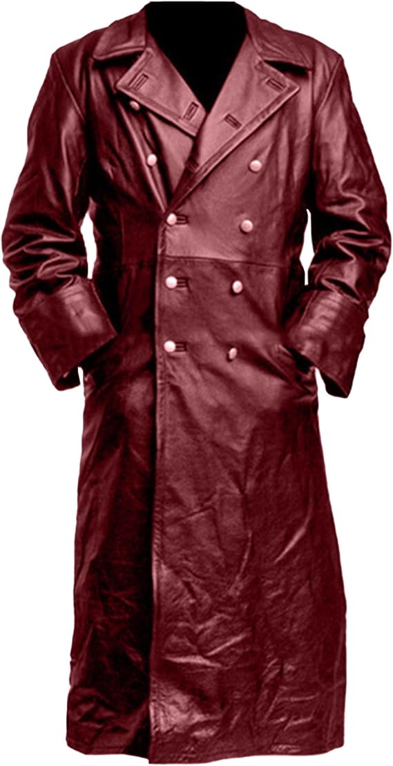 Mens Classic Faux Leather Long Coat Full Length Classic PU Trench Coats Business Military Uniform Overcoat (Red,5X-Large)