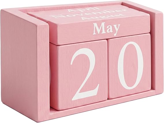 MICKYU Pink Wooden Perpetual Block Calendar | Aesthetic Desk Accessories for Women, Office Decor for Workspace, 3.7 x 2.1 x 1.7 in