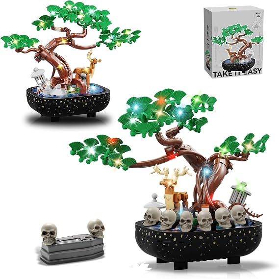 Halloween Bonsai Tree Building Block Toy, 10 Haunted Halloween Skulls Botanical Bonsai Tree Not Compatible with Lego Deer Cross Coffin Colorful Light, Plants Decor Gift for Adults, Teen (450 PCS)