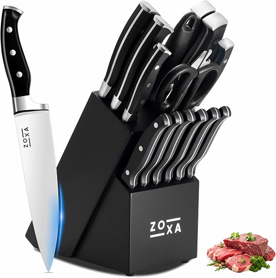Kitchen Knife Set with Block, 15-Piece Stainless Steel Chef Knife Set, Kitchen Knives with Steak Knives, Honing Rod & Kitchen Scissors, Knife Block Set