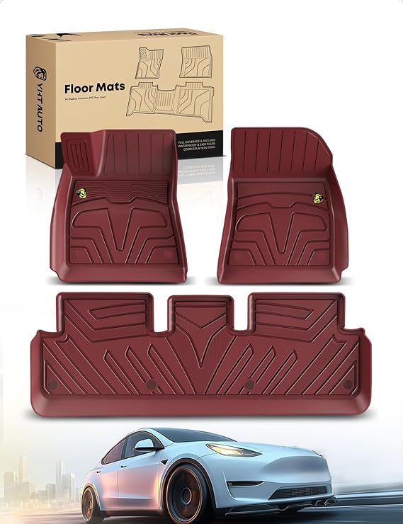 YHTAUTO Automotive Floor Mats TPE Complete Set Liner Replacement for Tesla Model 3 2017-2023 Front and 2nd Seat All Weather Protection Waterproof Anti-Slip Fit Car Mats Odourless Rugs Red
