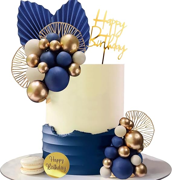 Blue White Gold Balls Cake Toppers Balls Birthday Cake Decorations for Birthday Boho Wedding Baby Shower Party Decoration (Blue White Gold)