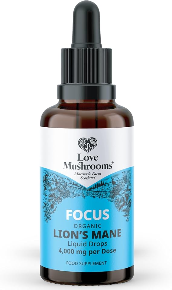 Organic Lions Mane Supplement - 4000mg per 1 ml - Liquid Drops for Focus and Memory Support - Vegan and Made in The UK - Mushroom Drops with Sweet Taste - 50 ml
