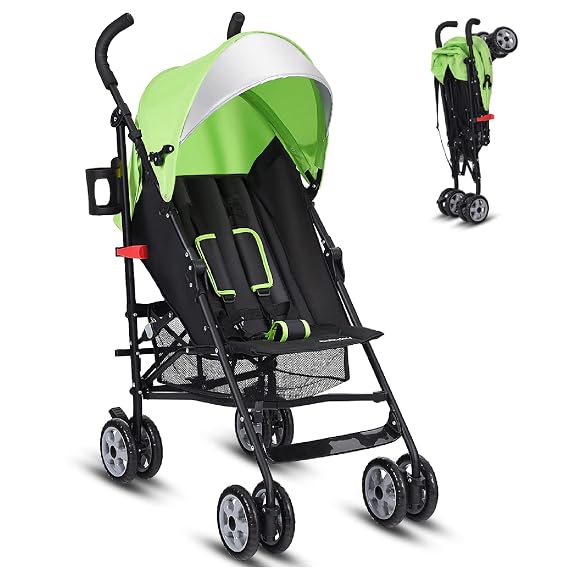 HONEY JOY Baby Lightweight Stroller, Compact Travel Stroller for Airplane, Adjustable Backrest & Canopy, 5-Point Harness, Cup Holder, Storage Basket, Foldable Umbrella Stroller for Toddlers (Green)