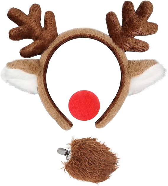 3PCS Reindeer Antlers Headband Christmas Antlers Headband and Red Nose Deer Reindeer Costume Set for Christmas Dress Up Party Cosplay