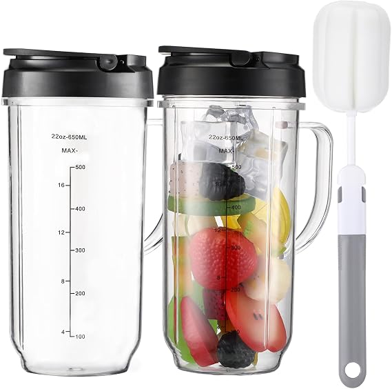 For Magic Bullet Blender Cups, Tall 22oz Cup with Flip-Top To-Go Lid, Blender Replacement Parts, Mug with Handle Compatible with Magic Bullet 250w MB1001, with Cleaning Brush
