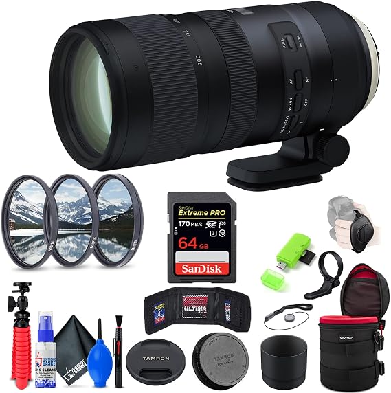 Tamron SP 70-200mm f/2.8 Di VC USD G2 Lens Compatible with Nikon F (INTL Model) with 64GB Extreme Pro SD Card + 77mm Filter Set + 10-Inch Lens Case + Memory Card Wallet + Strap + Cleaning Kit