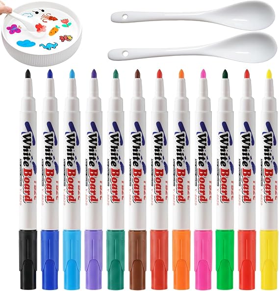 12 Colors Floating Magic Pens with 2 Spoons, Erasable Floating Bath Pens Set, Magical Water Pens Set for Women & Men, Watercolor Pen Set for Transfer Tattoo