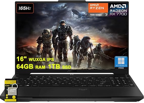 ASUS TUF Gaming A16 Laptop 16" WUXGA 165Hz 100% sRGB AMD 8-core Ryzen 7 7735HS 64GB DDR5 1TB SSD Radeon RX 7700S (>RTX4060) Backlit USB4 AI Noise Cancelation Win11Pro w/ICP Accessory