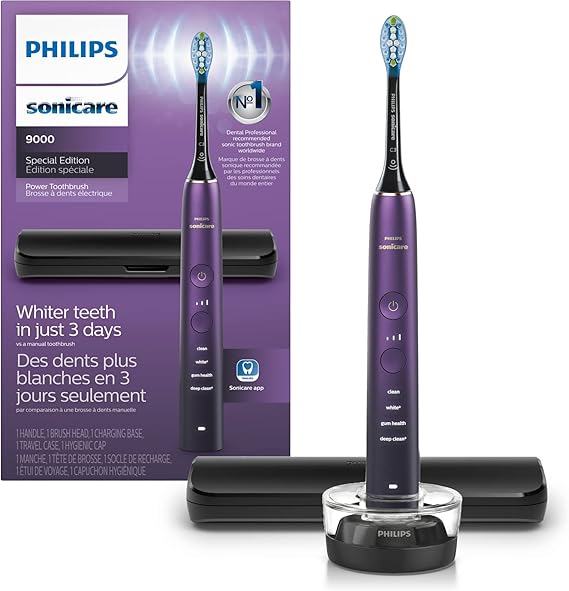 PHILIPS Sonicare DiamondClean 9000 Electric Toothbrush, Amethyst | 1000% More Plaque Removal1, Visual Pressure Sensor, 12 Brush Settings, 14-Day Battery, App Connected, Travel Case, HX9911/91