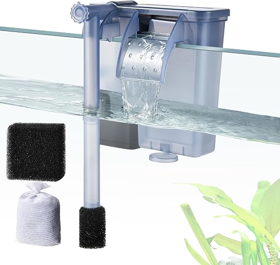 5W Hang on Aquarium Filter: Ultra Quiet 470LPH Fish Tank Filter with Filter Sponge and Activated Carbon, Adjustable Waterfall Filter for 20-70L Fish Tank