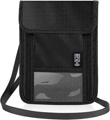 Neck Wallet with RFID Blocking, Waterproof Travel Passport Holder with Adjustable Strap, Passport Wallets Pouch Travel Essentials for Women Men Black