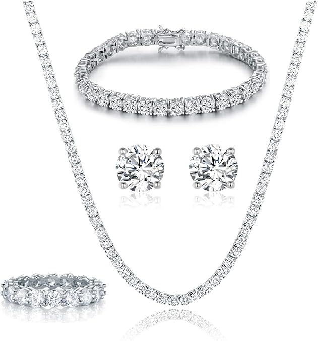 Gemsme 18K White Gold Plated Tennis Necklace/Bracelet/Earrings/Band Ring Sets Hypoallergenic Jewelry Pack of 4