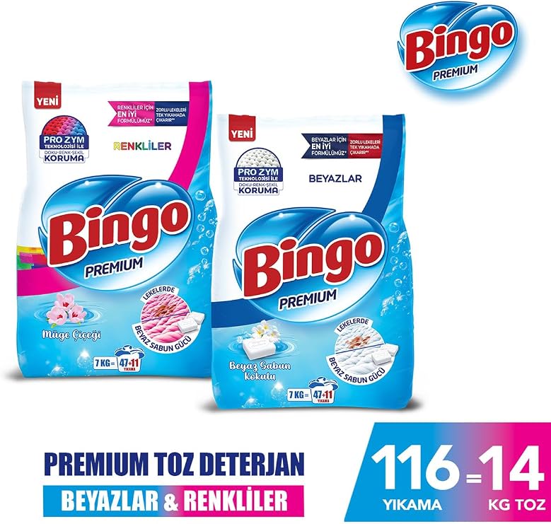Bingo Premium Toz Çamaşır Deterjanı 7 Kg Renkli + Premium Toz Çamaşır Deterjanı 7 Kg Beyaz
