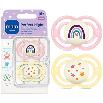 MAM Perfect Baby Premium Pacifier 16+ Months, Extra Thin Nipple, Developed with Orthodontists, Clinically Proven, Glows in The Dark, BPA-Free Silicone, 2 Pack, Made in Europe