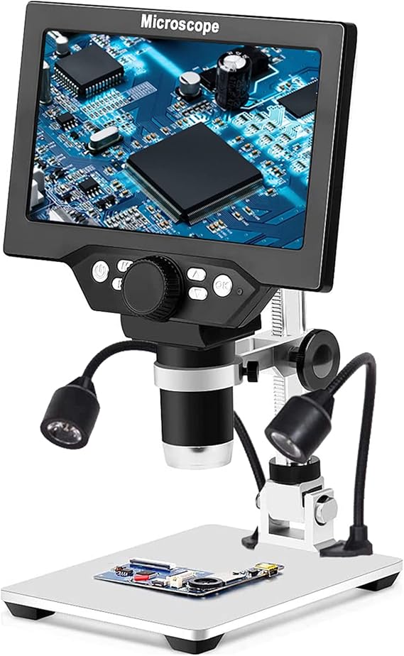 7" LCD Digital Microscope for Adults, 1200X Coin Magnifier with Screen, 12MP 1080P USB Camera, Metal Stand, 8 LED Lights, PC View for Soldering and PCB Repair