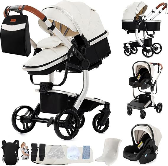 Magic ZC PU Leather 3 in 1 Pushchair Pram Travel System, Baby Stroller 3 in 1 with Reversible Two Pushing Modes, Newborn Infant Carriage One-Click Folding, Toddler Buggy Aluminum Frame (White 518)