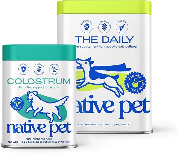Native Pet The Daily Dog Vitamins & Supplements (60 Scoops) & Bovine Colostrum Powder (120 Scoops) 11-in-1 Multivitamin, Allergy Relief, Immune Support & Itchy Skin Treatment for Dogs
