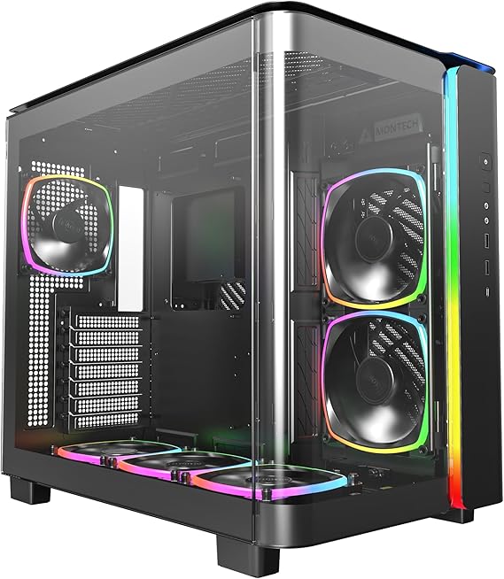 MONTECH King 95 PRO Çift Odacıklı ATX Orta Kule PC Oyun Kasası, Yüksek Hava Akışı, Aletsiz Paneller, Sağlam Kavisli Temperli Cam Ön, Altı ARGB PWM Fan Fan Hub, King 95 PRO Siyah