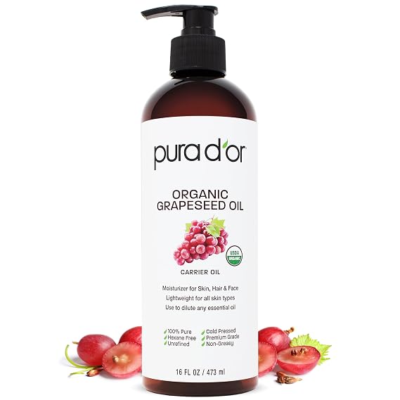 PURA D'OR ORGANIC Grapeseed Oil Pure Cold-Pressed Carrier Oil, 16oz