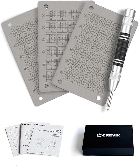 Crypto Seed Phrase Storage - Titanium Seed Phrase Plate and Punch Set - Offline Cold Wallet for Bitcoin Ethereum for 12-24 Words BIP39 Compatible Wallets (Ledger, Trezor, Metamask & More)