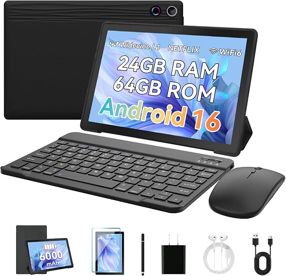 Freeski Tablets 10 inch Tablet Android 15,Octa-Core Processor,24GB RAM 64GB ROM 1TB Expand,5G WiFi 6,1280 x 800 HD/Dual 5MP+8MP Camere,Android Tablet with Keyboard+ Mouse + Case Black