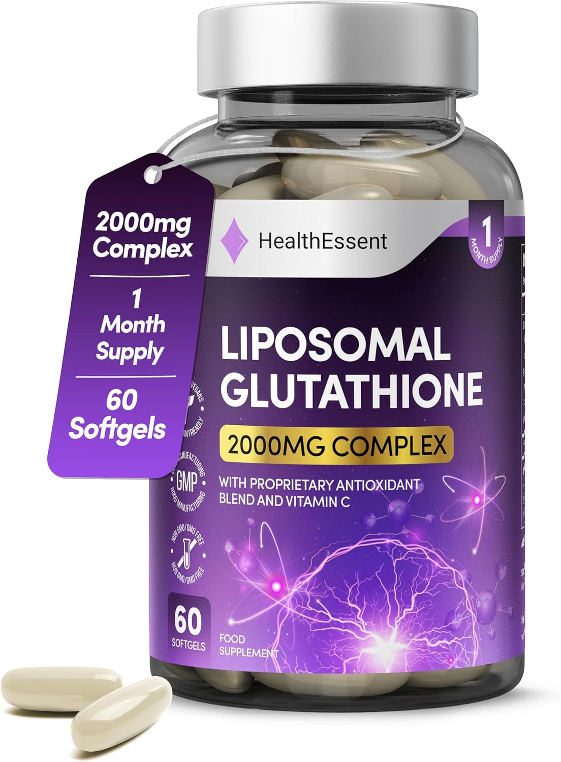 HealthEssent Liposomal Glutathione, Superior Bioavailability 2000mg Blend, with Proprietary Antioxidant Complex – Hyaluronic Acid, Alpha Lipoic Acid, Vitamin C – Strong Antioxidant – 60 Vegan Softgels