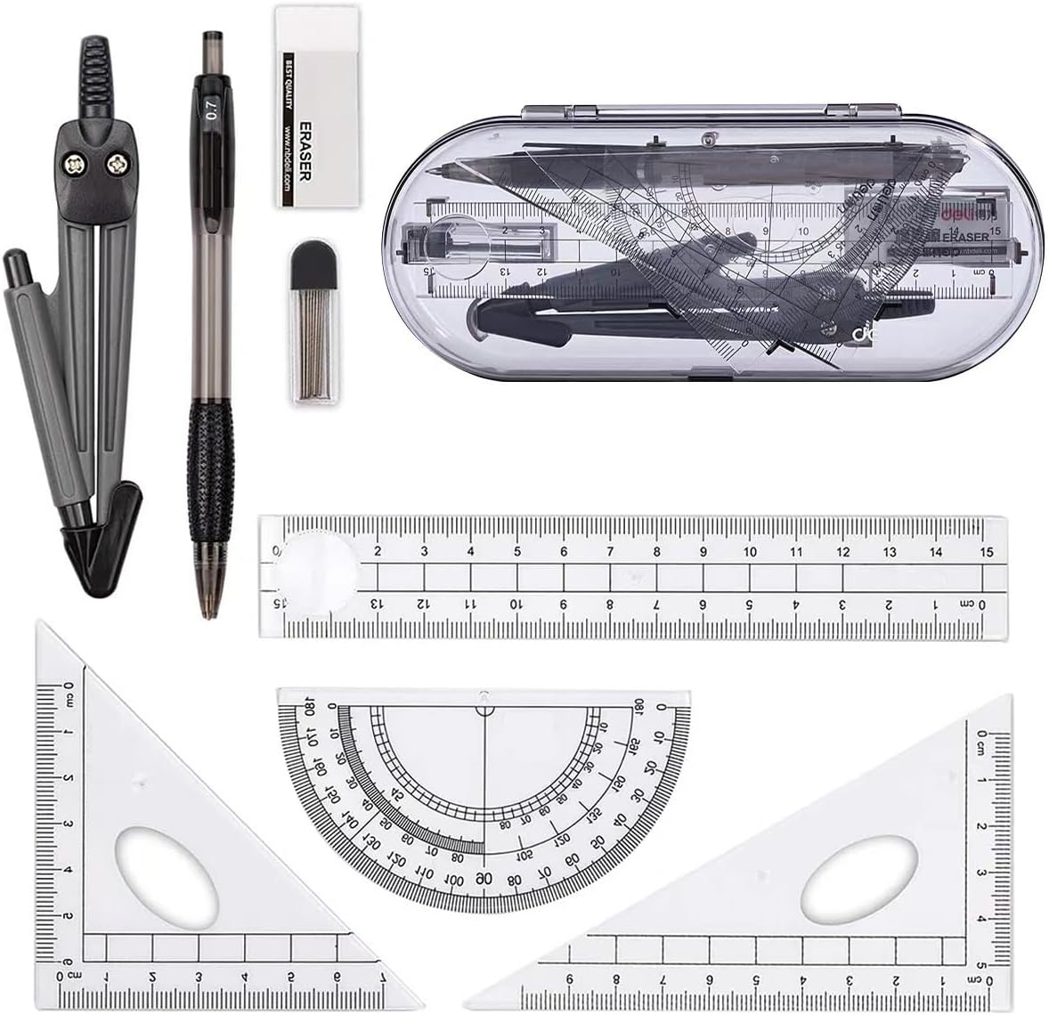 8-Piece Black Geometry Tool Set - Compass, Protractor, Ruler, Pencil, Eraser, Sharpener for School Math & Educational Geometry Drawing