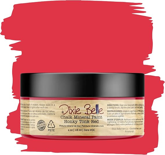 Dixie Belle Paint Company Chalk Finish Furniture Paint - Honky Tonk Red (4oz) - Matte True Red Chic Chalk Mineral DIY Furniture Paint | Matte Chic Chalk Mineral DIY Furniture Paint, Cabinets, Eco-Friendly Low Odor Wood, Metal & More
