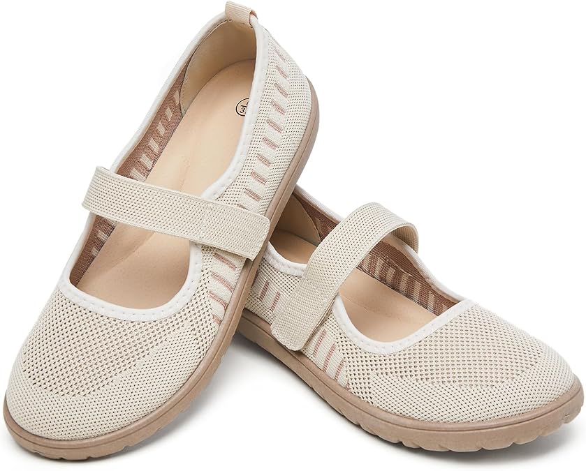 Waluzs Wide Toe Box Flats Shoes Women Knit Ballet Flats Mary Jane Dress Flat Wide Width Walking Shoes Slip-on with Strap