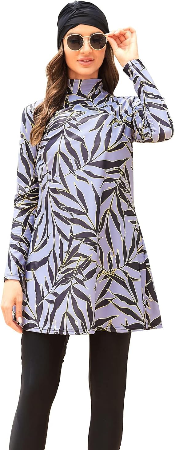 IBAKOM Modest Swimsuit for Women Islamic Long Sleeve Bathing Suit Full Body Muslin Burkini Rash Guard Set with Swim Hijab