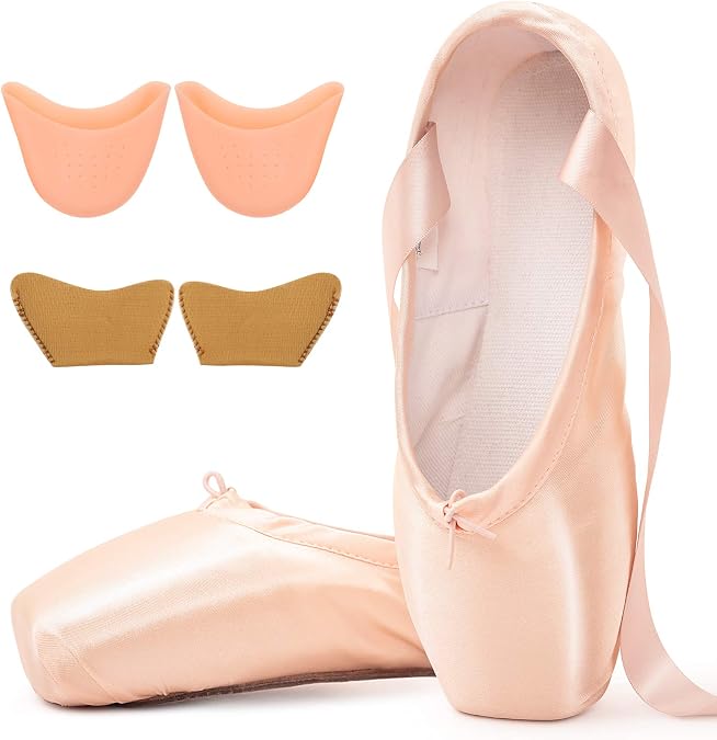 Soudittur Ballet Pointe Shoes for Girls and Women Pink Satin Dance Shoes with Pre-Sewn Ribbons Toe Pads (Please Choose One Size Larger)