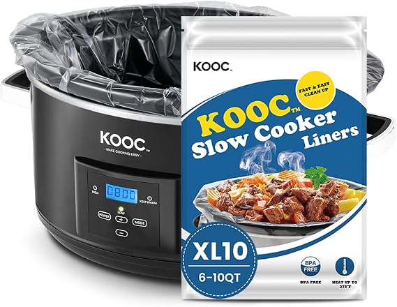 KOOC Slow Cooker Liners Fits 610 Qt Sizes, 10 Count 14" x 22" Large Size | Disposable Cooking Bags Heat Resistant Up to 400F, Leakproof Design, Durable Nylon Blend, for Round and Oval Slow Cookers